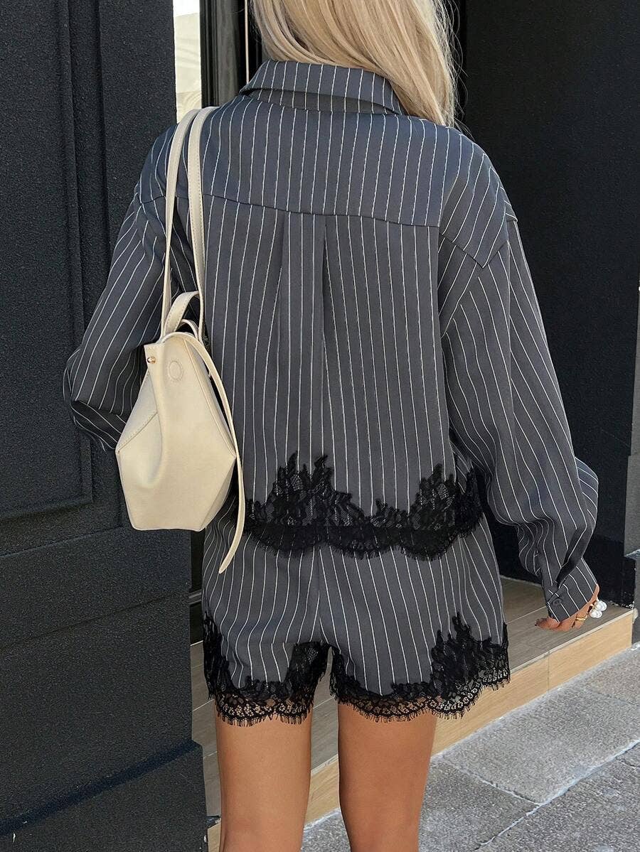 Striped Button Down Shirt & Lace Trim High Waist Shorts Set