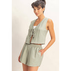 Sleeveless Tie-Front Vest And Elastic Waist Shorts Set