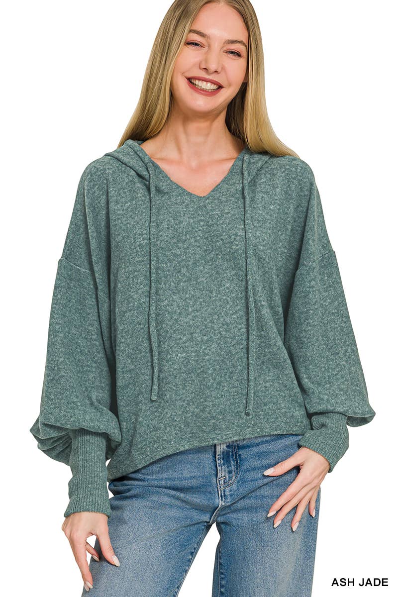 Soft Brushed Hacci Cropped Balloon Sleeve Hoodie Zenana