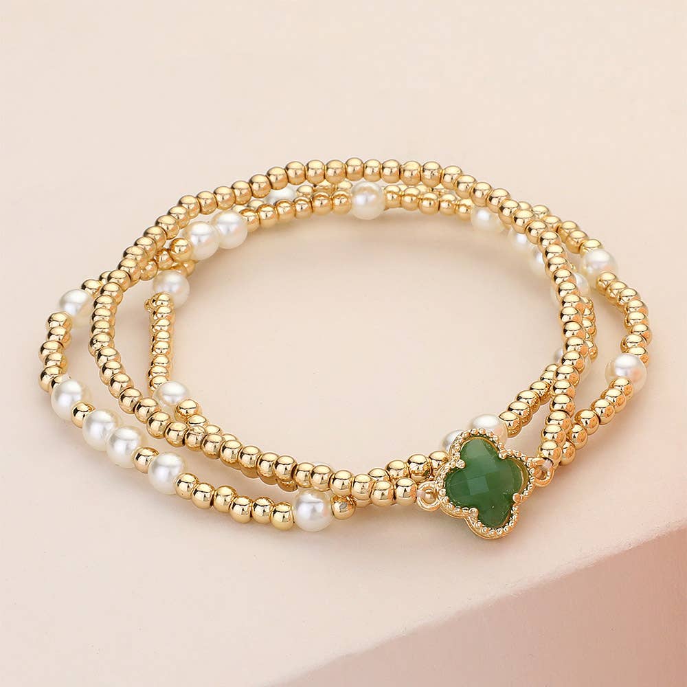 3PCS - Quatrefoil Pearl Metal Ball Beaded Stretch Bracelets