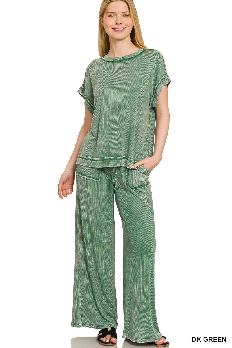 Ribbed Acid Wash Rayon Top & Pants