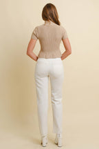 CSW17871 - MOCK NECK RIBBED RUFFLED SHORT SLEEVE SWEATER