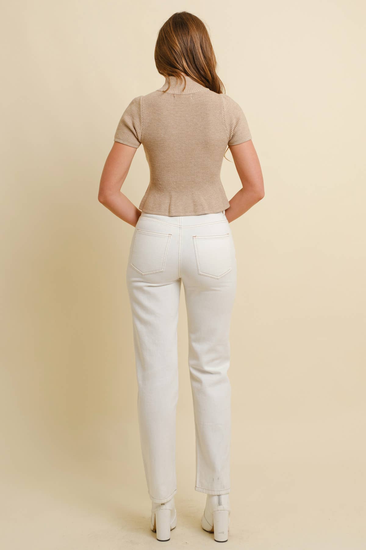 CSW17871 - MOCK NECK RIBBED RUFFLED SHORT SLEEVE SWEATER