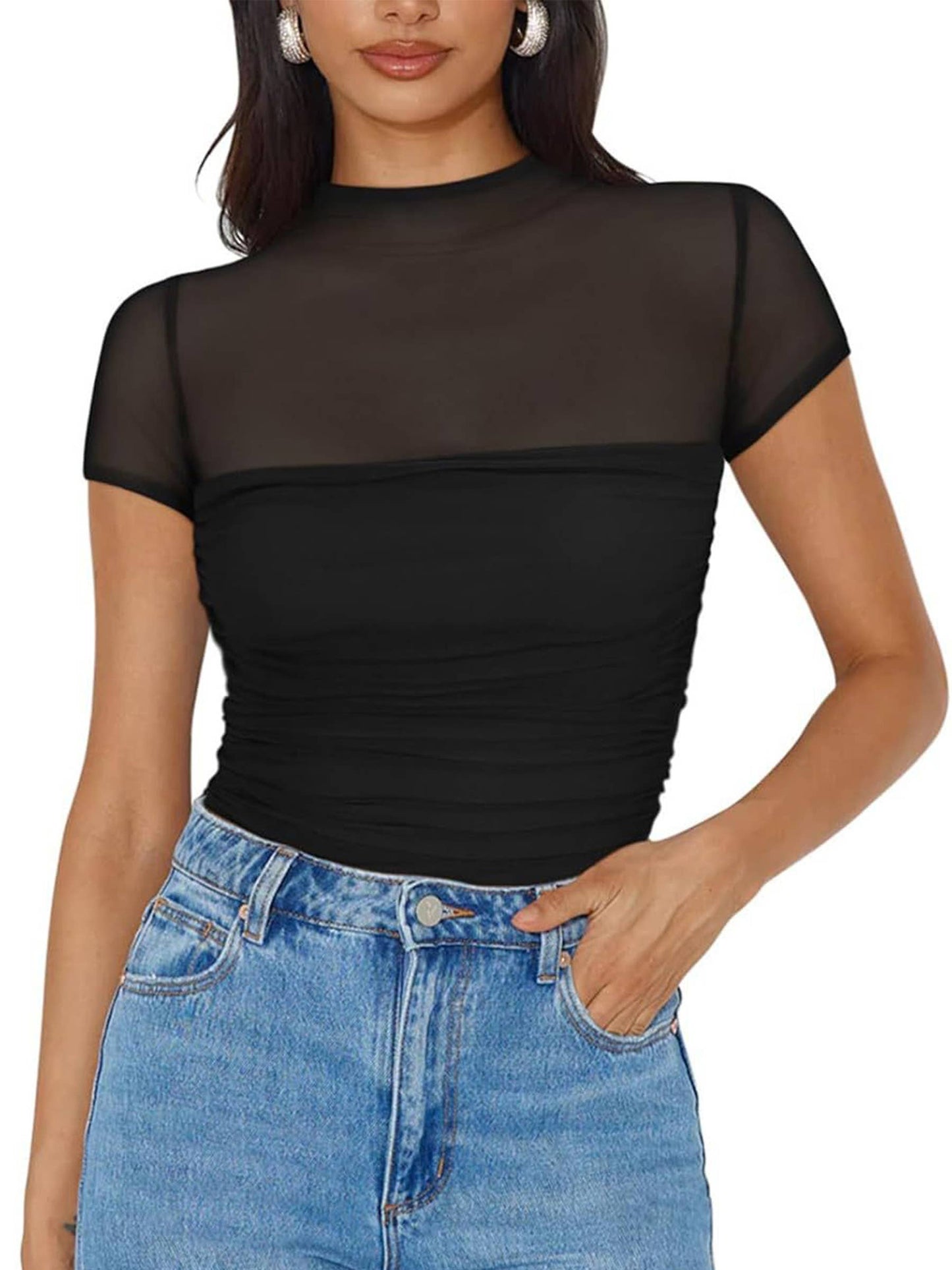 High Neck Mesh Short Sleeved Top