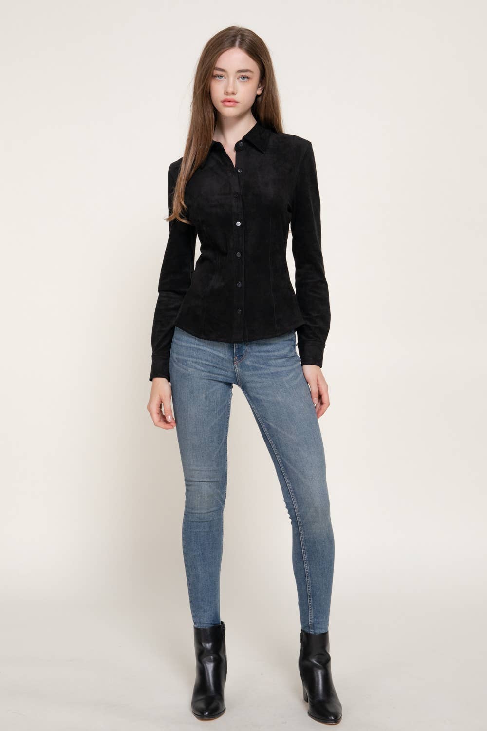 Long Sleeve Button Down Stretch Faux Suede Shirt