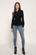 Long Sleeve Button Down Stretch Faux Suede Shirt