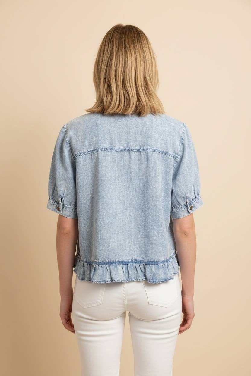 HT20338 Ruffle Hem Puff Sleeve Denim Button-Down Shirt