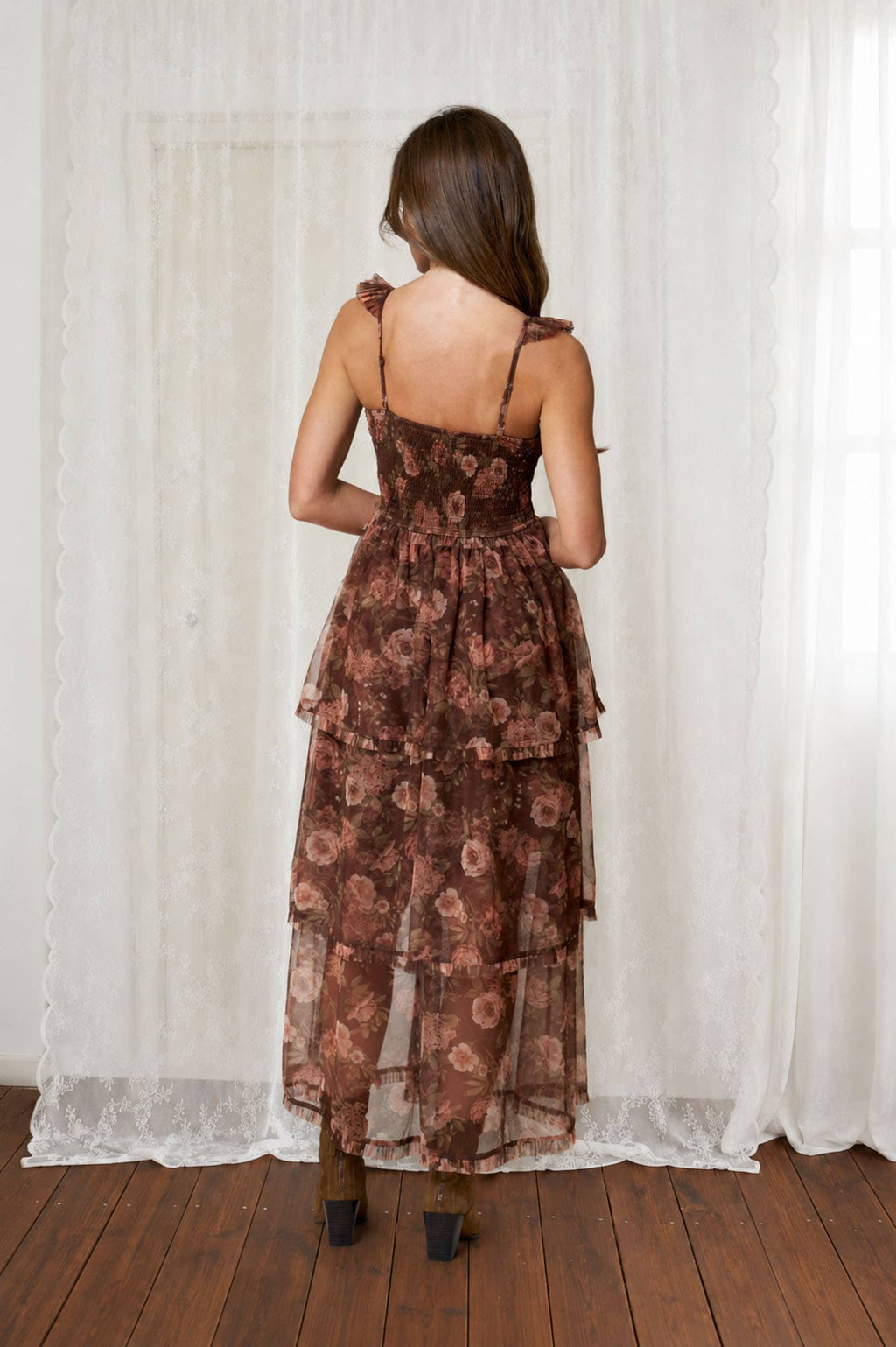 FLORAL CHIFFON RUFFLE TIERED CORSET MIDI DRESS