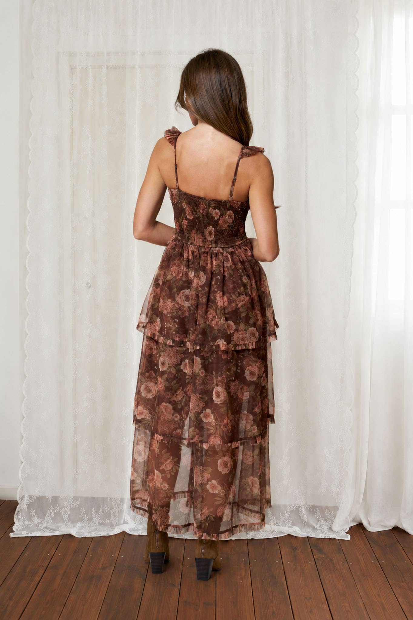 FLORAL CHIFFON RUFFLE TIERED CORSET MIDI DRESS