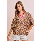 LEOPARD CONTRAST BANDED DOLMAN SLEEVES BLOUSE TOP