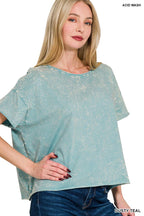 Crinkle washed crew neck short sleeve crop box tee - Zenana