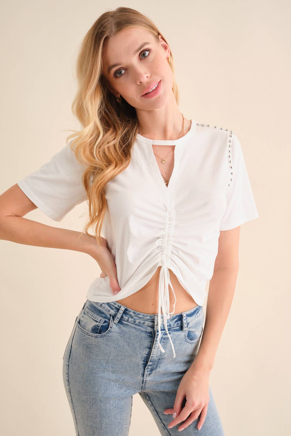 32154T - Washed Cut Out V Tunnel Cinch Tie Front Studded Tee