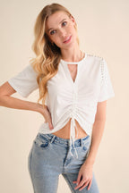 32154T - Washed Cut Out V Tunnel Cinch Tie Front Studded Tee