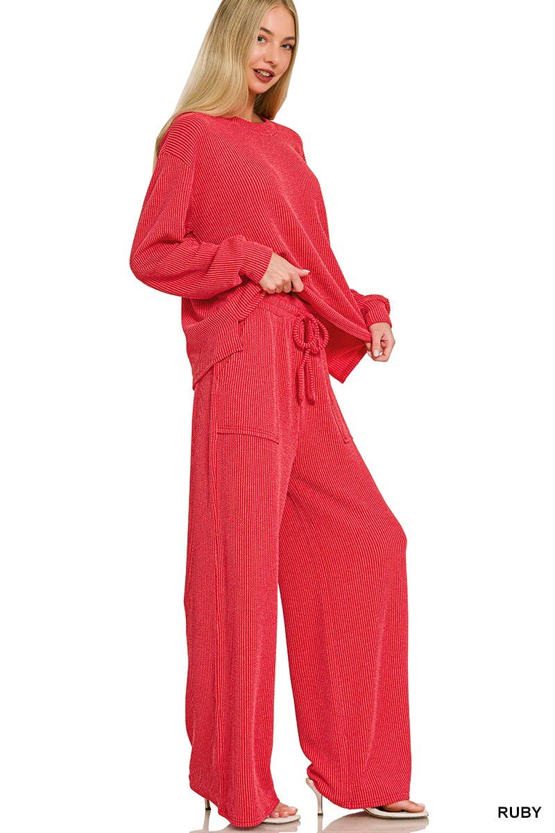 Raised Rib Round Neck Pullover And Pants Set