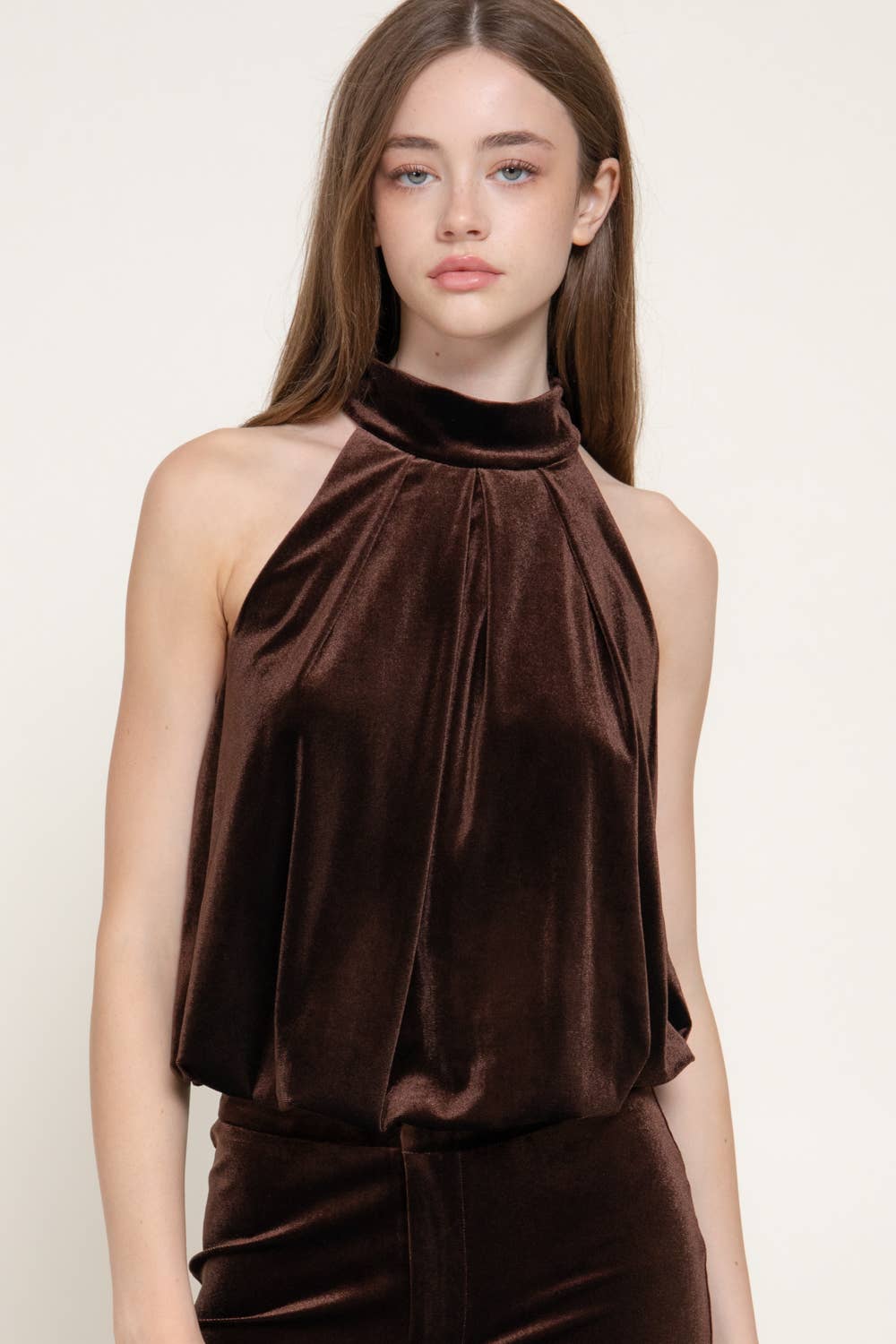 Halter Neck Shirred Hem with Inner Elastic Velvet Top
