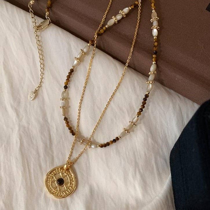 MULTI LAYER BEADED CHAIN COIN CHARM NECKLACE | 40NK9622