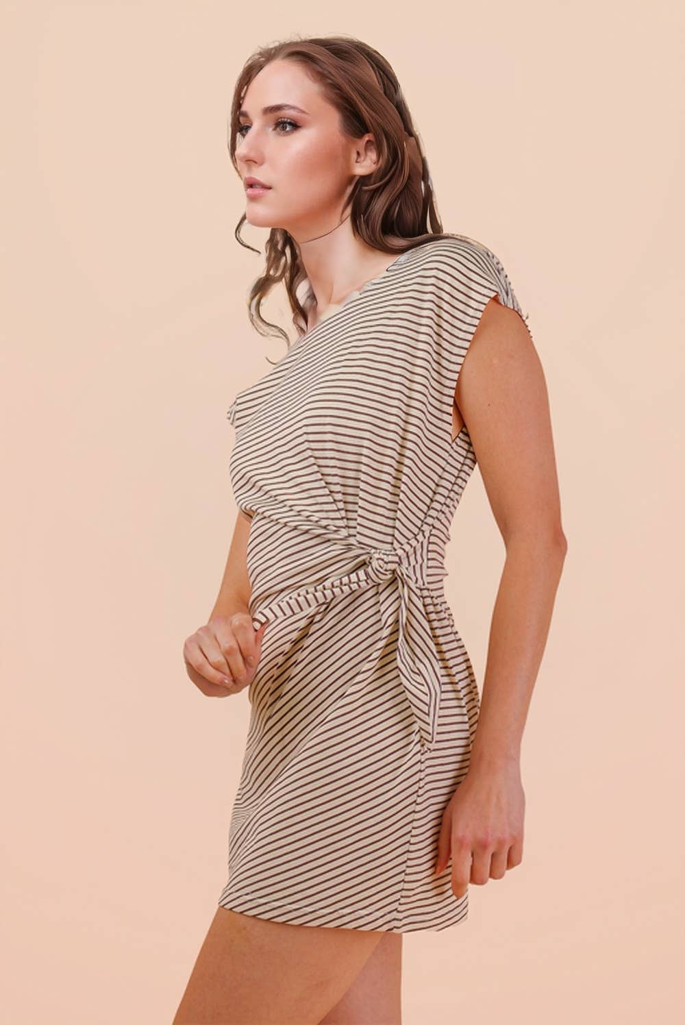 ND31733-Stripe Knit Sleeveless Mini Dress W/ Tie Detail
