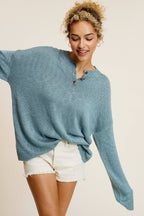 Baggy Knit Sweater with Henley Collar