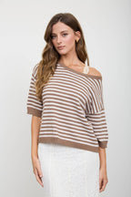 STRIPE CONTRAST TRIM SHORT SLEEVE KNIT SWEATER