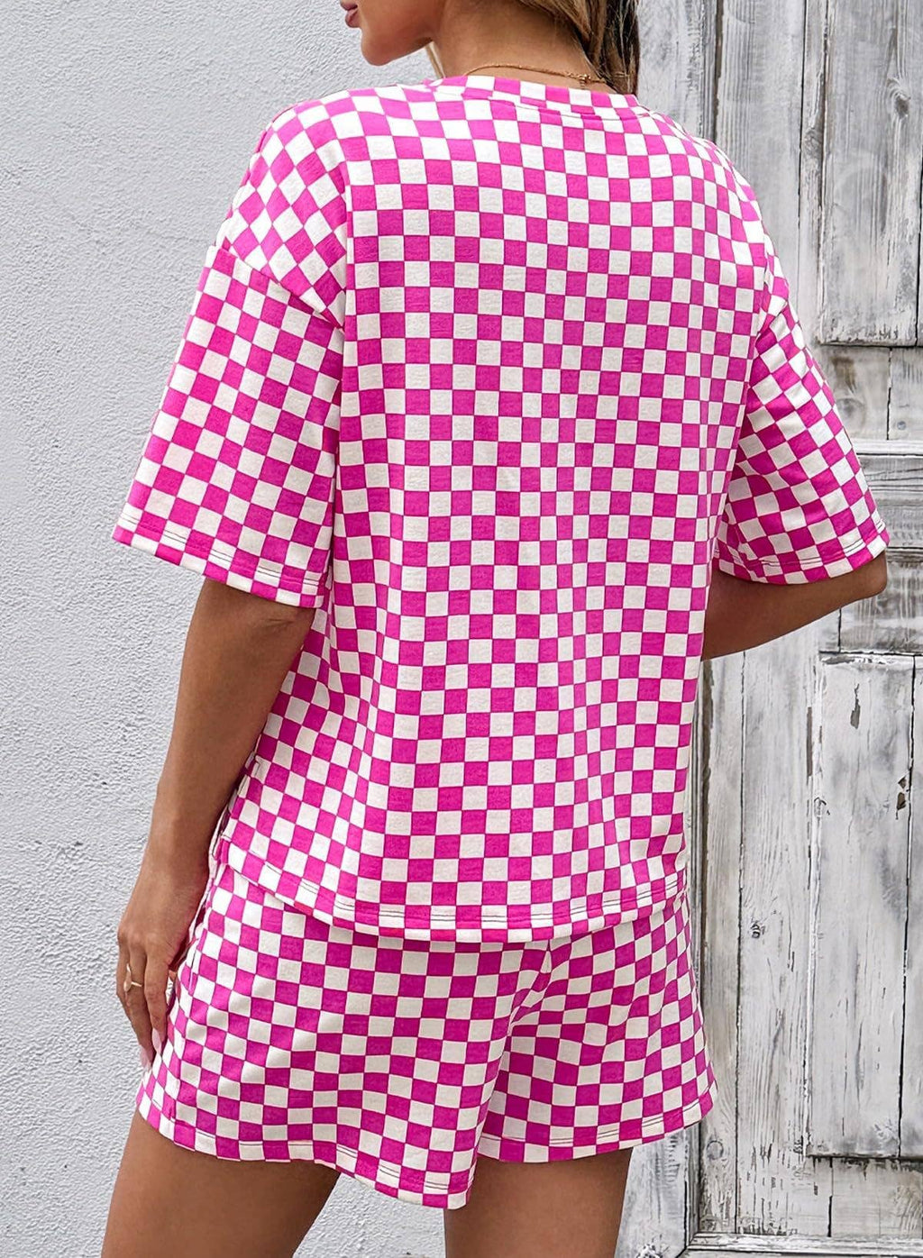 Checkered Short Sleeve Drawstring Lounge Set