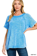 Washed Ribbed Cuffed Short Sleeve Round Neck Top