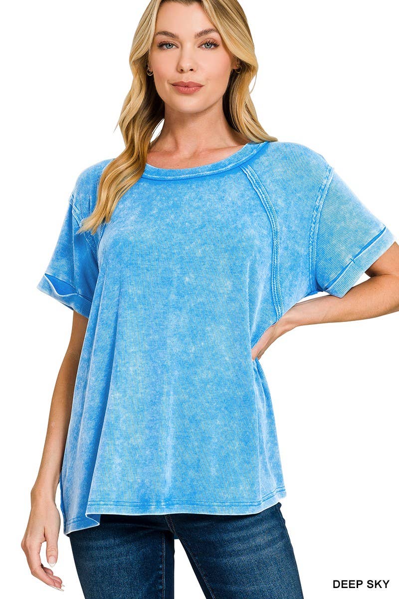 Washed Ribbed Cuffed Short Sleeve Round Neck Top