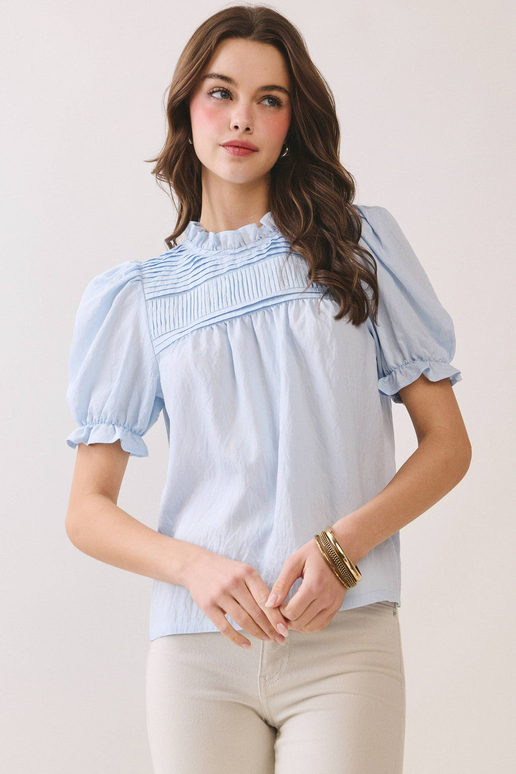 CT9787-Pleated Yoke Detail Ruffled Neckline Blouse