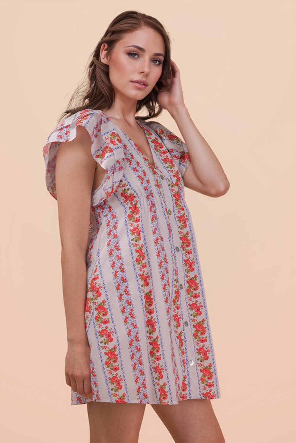 ND31775-Button Down Printed Ruffle Sleeve Mini Dress