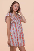 ND31775-Button Down Printed Ruffle Sleeve Mini Dress