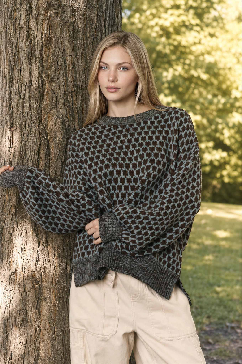 MARLED TRIM GEOMETRIC PATTERN RELAXED SWEATER