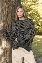 MARLED TRIM GEOMETRIC PATTERN RELAXED SWEATER