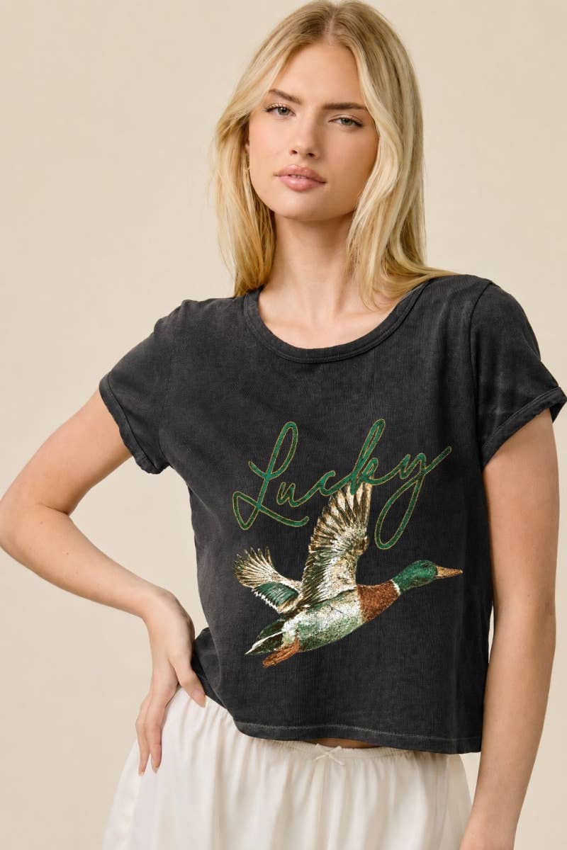 Lucky Ducky Mallard Graphic Potassium Spray Faux Crop Tee