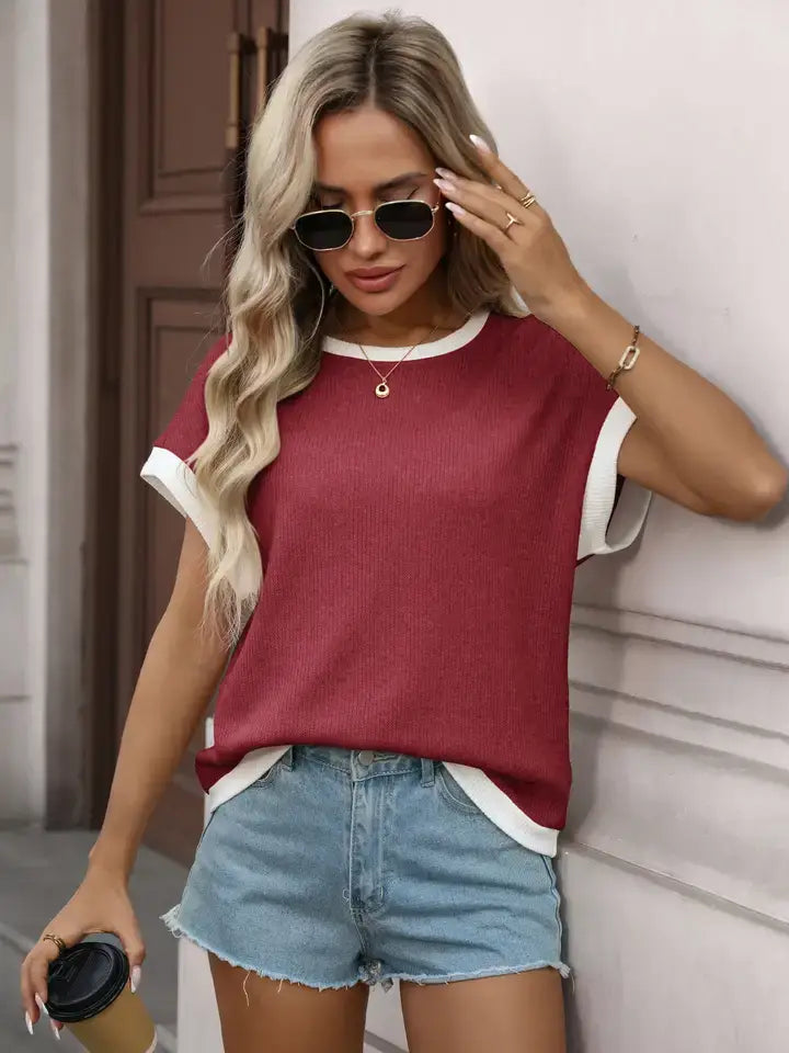 Contrast Trim Ribbed Short Sleeve Knit Top for Women