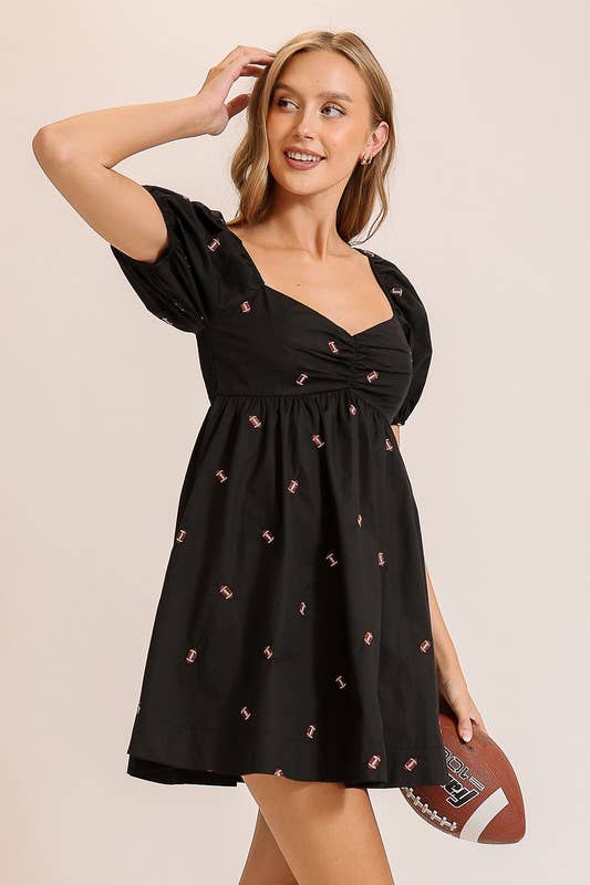 Football Embroidered Game Day Puff Sleeve Dress