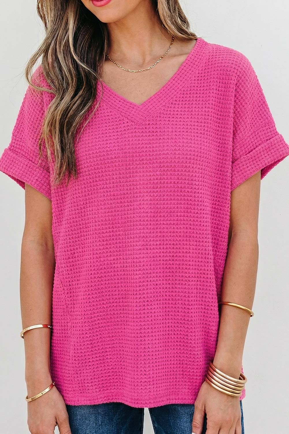Waffle Texture V Neck Short Sleeve Knit Top | S-XL