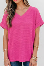 Waffle Texture V Neck Short Sleeve Knit Top | S-XL