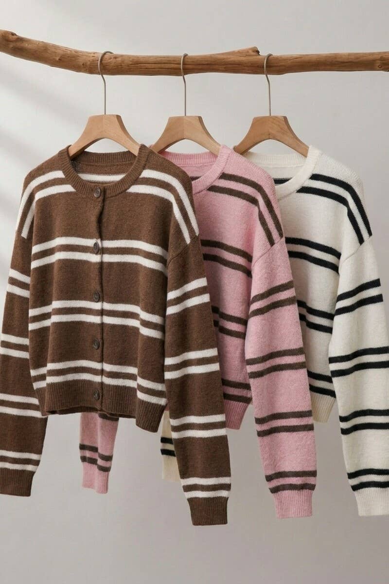 Striped Knit Crewneck Cardigan
