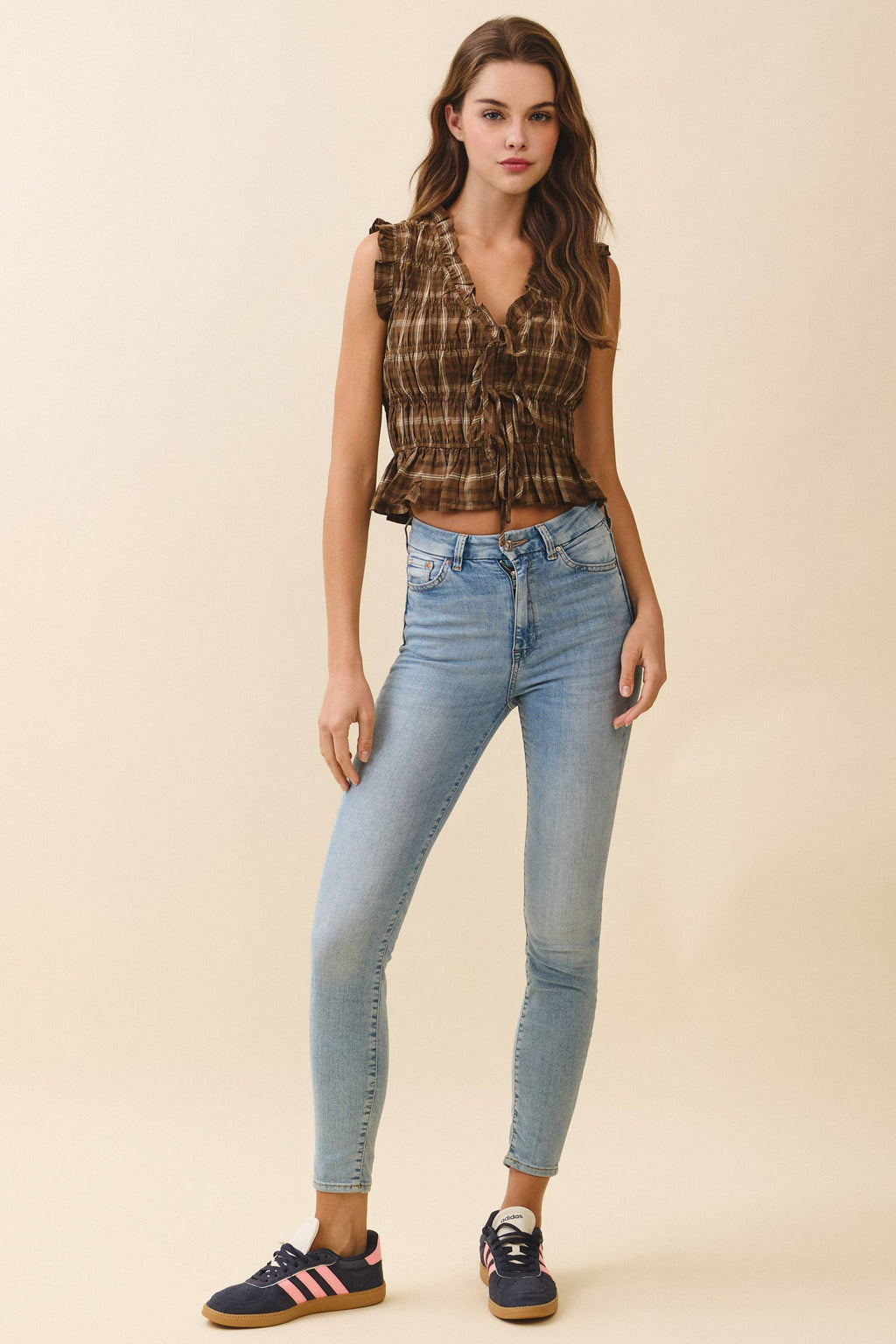 CT9661-Plaid Ruched Smocked Bodice Sleeveless Top