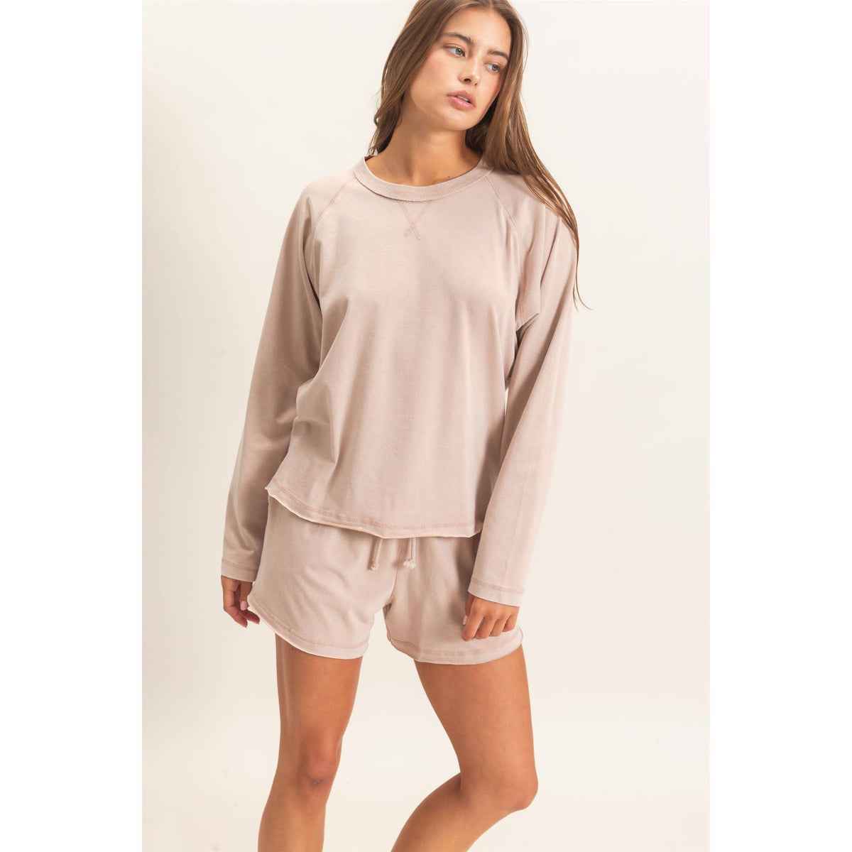 Mineral Wash Long Sleeve Raw Edge Top & Shorts Set