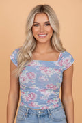 PRETTY BASH Floral Mesh Square Neck Ruched Top
