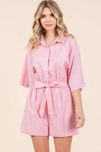 LINEN TIE BELT BUTTON DOWN COLLARED ROMPER