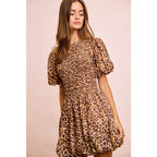LEOPARD BOW TIE ATTACHABLE PUFF SLEEVES DRESS