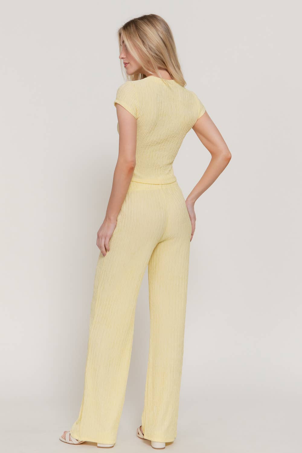 Short Sleeve Crew Neck Top & Waist Band Flare Pants Set