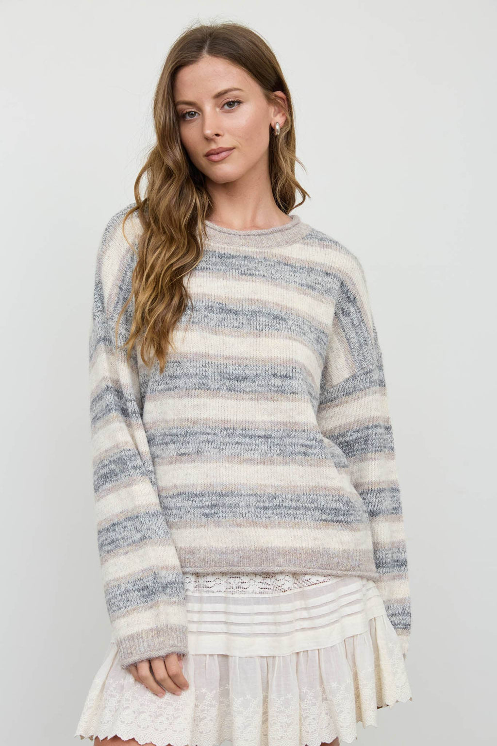 HEATHERED MULTI-STRIPE RAW EDGE KNIT SWEATER