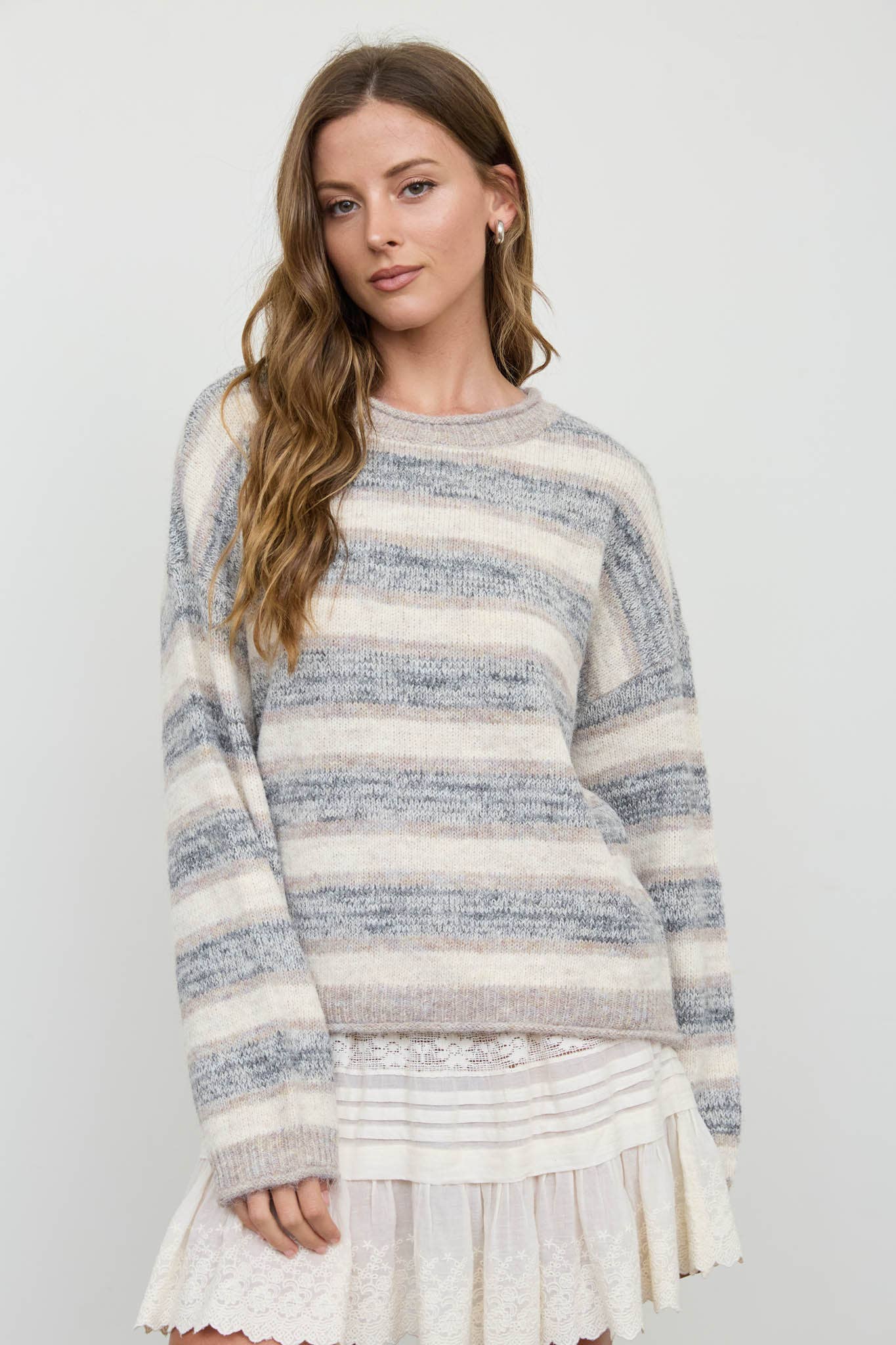 HEATHERED MULTI-STRIPE RAW EDGE KNIT SWEATER