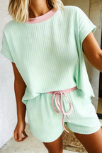 LAS-LIVE Ribbed Color Block Trim Casual Shorts Set (S-XL)