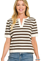 Split Neck Stripe Short Sleeve Sweater