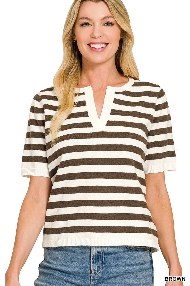 Split Neck Stripe Short Sleeve Sweater