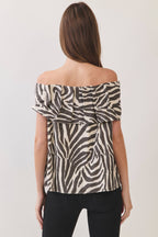 CT10154-Zebra Print Off-the-Shoulder Bow Blouse