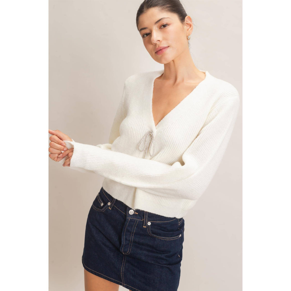Rhinestone Bow Tie-Front Sweater